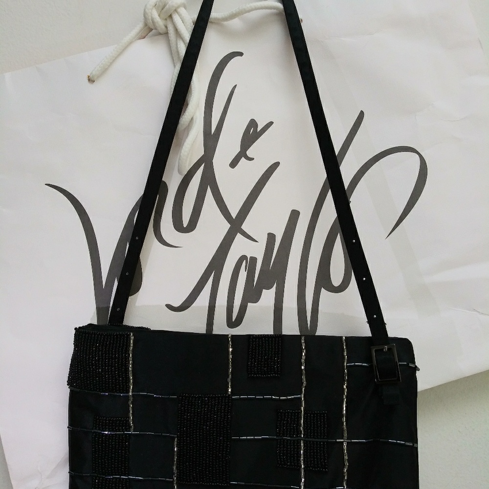Inge Christopher Satin/Black Beaded Purse 9" X 6" - Picture 3 of 3
